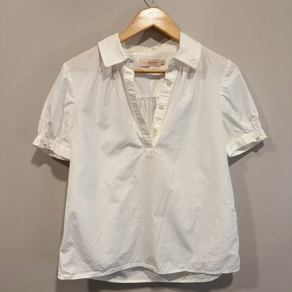 Tory Burch White 100% Cotton Short Puff Sleeve Blouse SZ 8 Classic Button Front - Picture 1 of 9